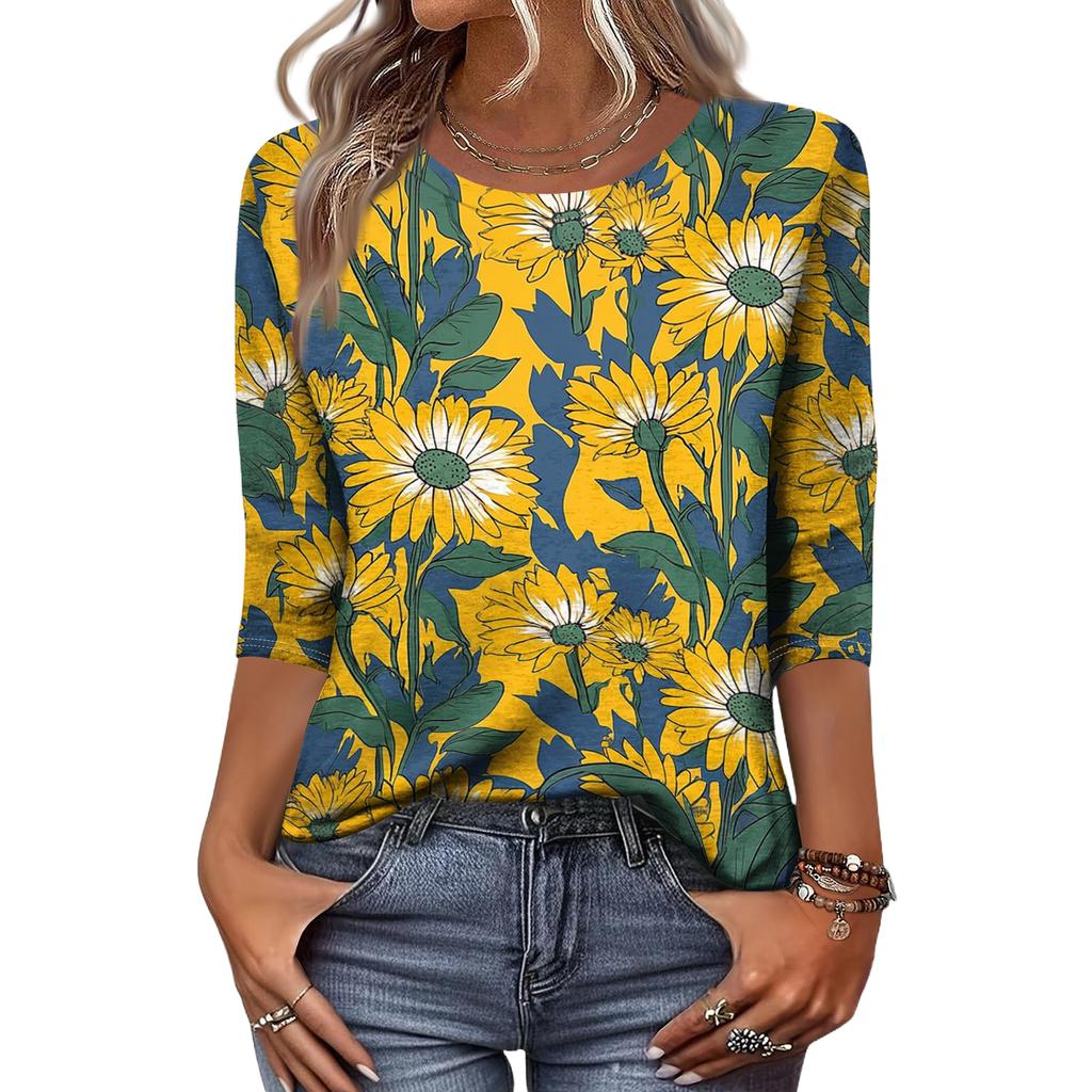 Women's Fashion Casual Round Neck 3/4 Sleeve Loose Printed T-Shirt Ladies Top