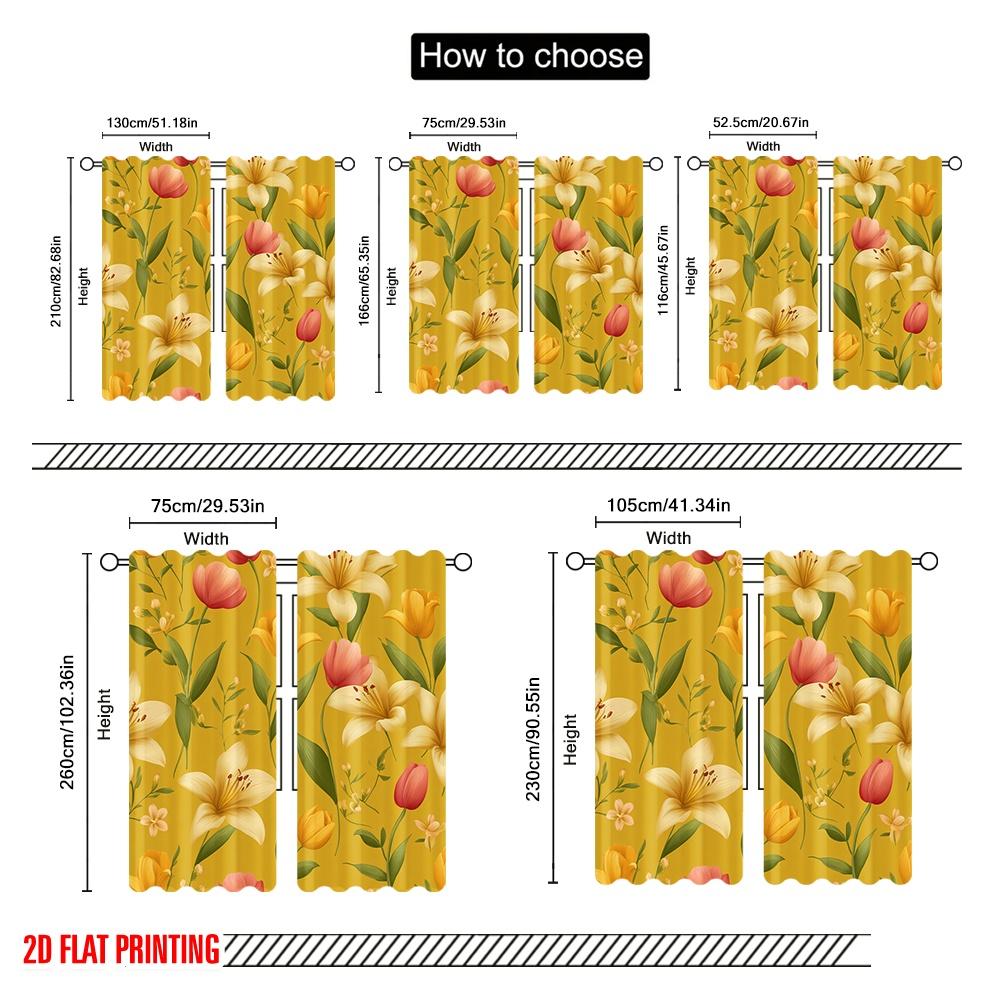 2pcs,2D plane printing Curtains Digital Printed Yellow Floral Harmony Versatile 100% Polyester (without rod) Decorations Outdoor