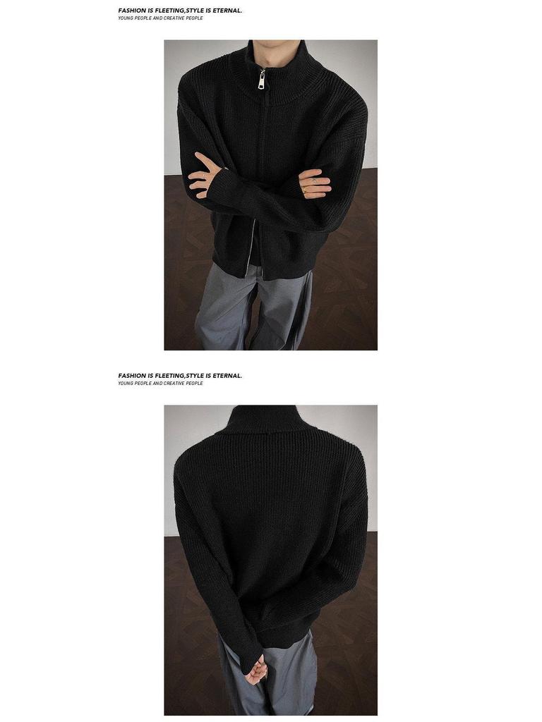 Men's Autumn Knit Cardigan - Loose Casual Stand Collar Jacket with Long Sleeves and Half High Collar Zipper.