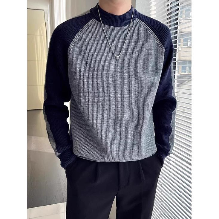 

Осенне-зимний теплый свитер с высоким воротом, мужской, корейский, классический, винтажный, рукав реглан, контрастный цвет, пуловер, нижняя часть, рубашка, свитер для мужчин 3XL темно-синий