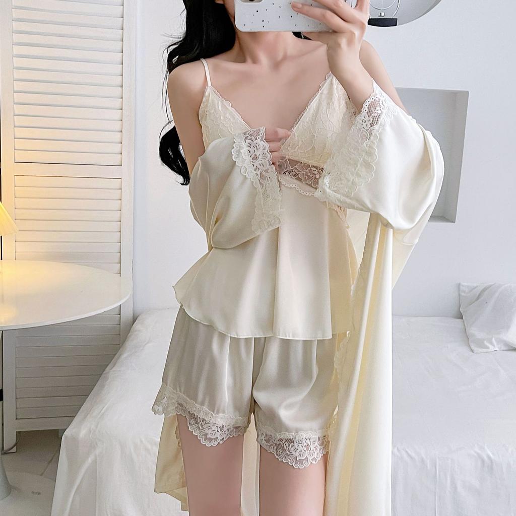 New Product Live Broadcast Women's Ice Silk Summer Sexy Pure Desire Pajama Set Suspender Nightdress Backless Simulation Silk Nightgown Bathrobe