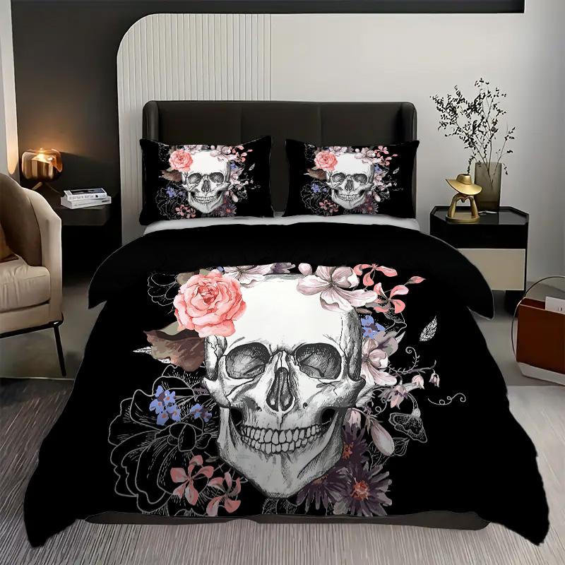 

Skeleton Rose 3D Printed Duvet Cover Set Halloween Gothic Style Bedding Set Polyester Soft Comfortable Quilt Cover Pillowcases 135x200cm 2pcs