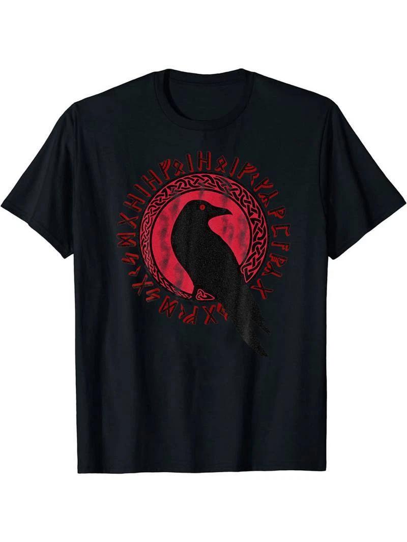 Черная мужская футболка с узором  Ворон и руны L