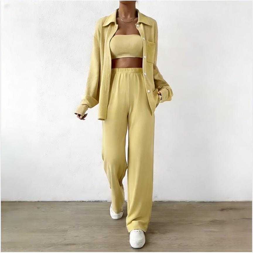 

Women s Two-Piece Set: Casual Spring/Summer Wide-Leg Pants & Top - Solid Color, Loose Fit, European & American Style 2025 Fashion L хаки