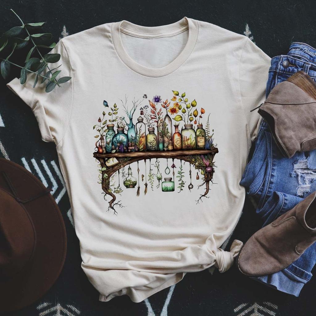 Vintage Botanical Graphic T Shirt Unisex Women Unisex Mushroom Witchy Shelf Print Casual Short Sleeve Summer Top Tees
