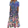Women's V‑Neck Button Short Sleeve Midi Dress Loose Printed Casual Dress With Side Pockets