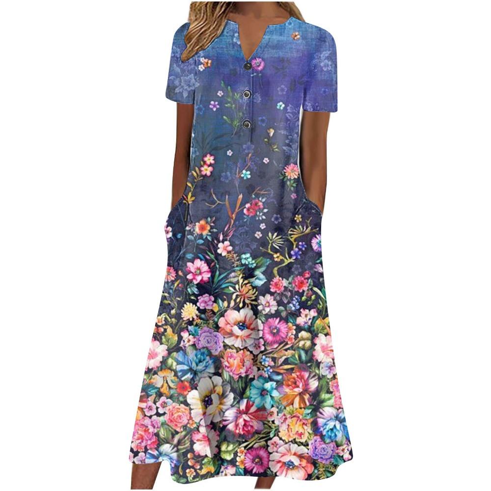 Women's V‑Neck Button Short Sleeve Midi Dress Loose Printed Casual Dress With Side Pockets