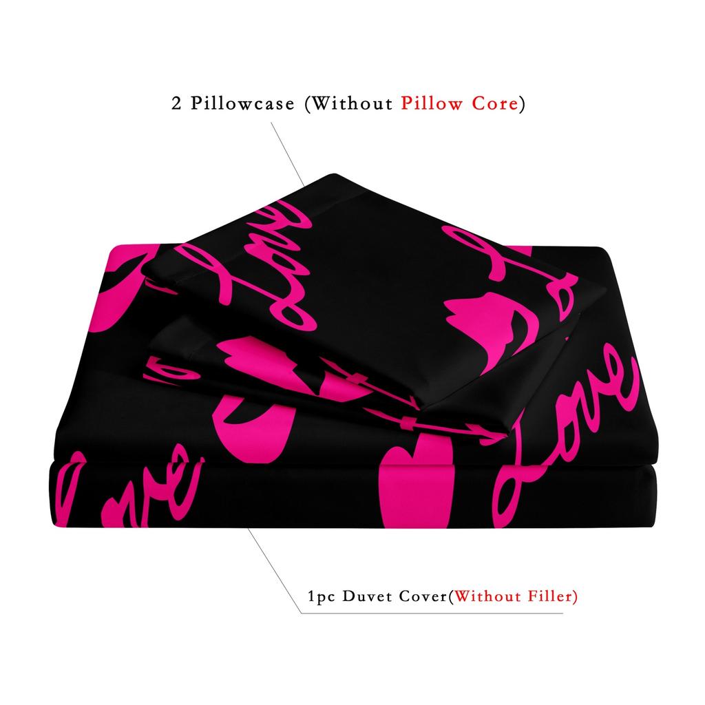 Black Hot Pink Love Letter Heart Lips Print 3 Pieces Duvet Cover Bedding Set, Romantic Pink Lip Heart Cursive Love Print Bedding