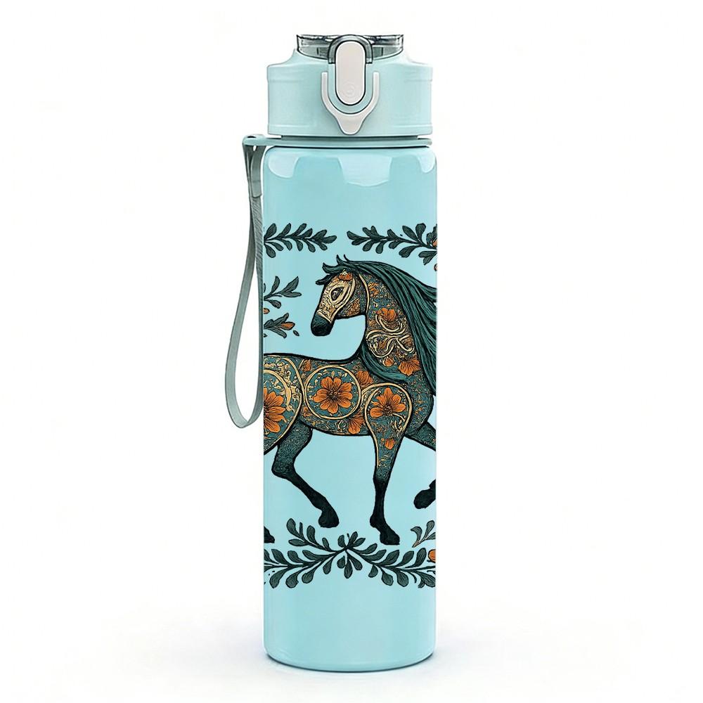 1PC Geometric Dark Horse Print 750ml Color Plastic Sports Water Bottle Leakproof Flip Straw Lid Suitable for Sports Office Home Use