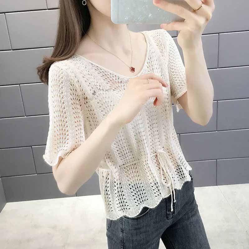 Korean Loose Drawstring Hollow Knit Pullover Blouse Short Sleeve Versatile Thin Sweater Women