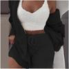Women's Loose Fit Three Piece Loungewear Long Sleeve Fuzzy Cardigan V Neck Tank Drawstring Waist Shorts Winter Solid Tracksuit