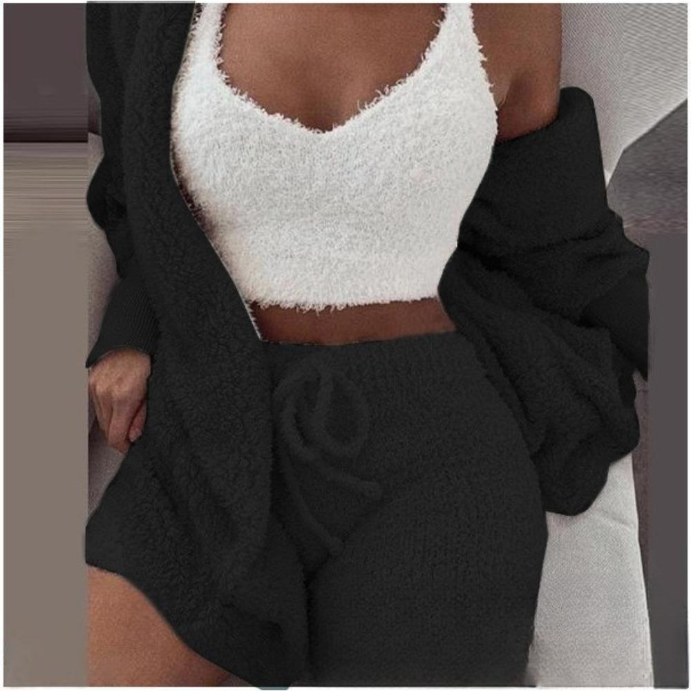 Women's Loose Fit Three Piece Loungewear Long Sleeve Fuzzy Cardigan V Neck Tank Drawstring Waist Shorts Winter Solid Tracksuit
