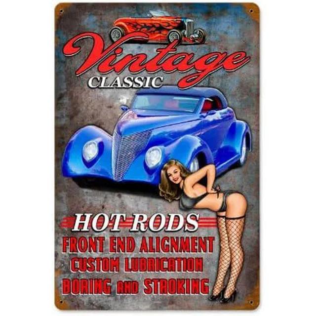 Vintage Pinup Girl Hot Street Rods Garage Full Service Route Auto Mechanics Metal Tin Sign for Rural Wall Decor Retro Poste