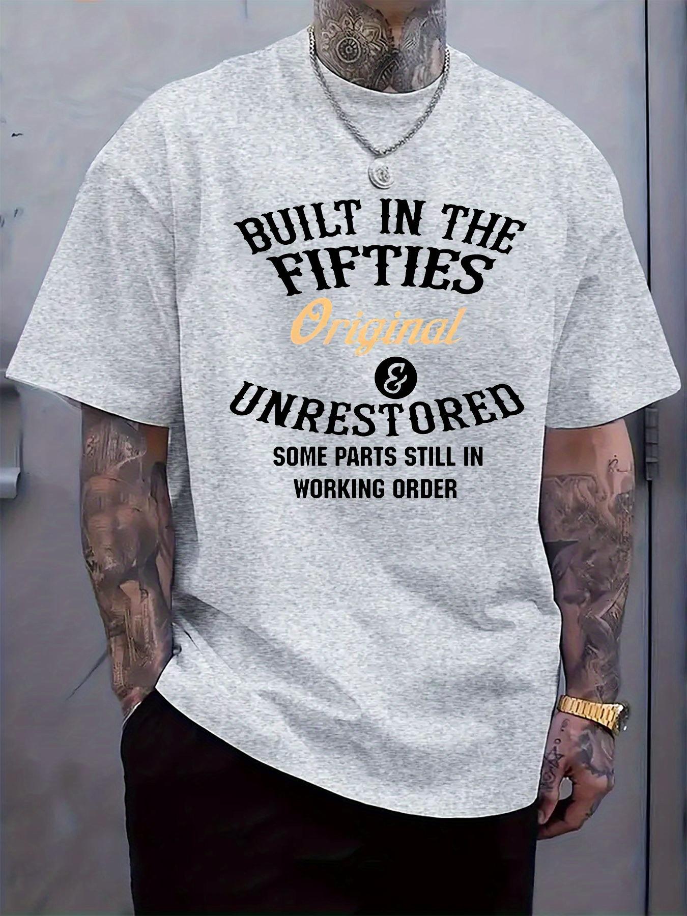 Vintage 1950s Retro Graphic T-shirt - Built in the Fifties Slogan Print XL