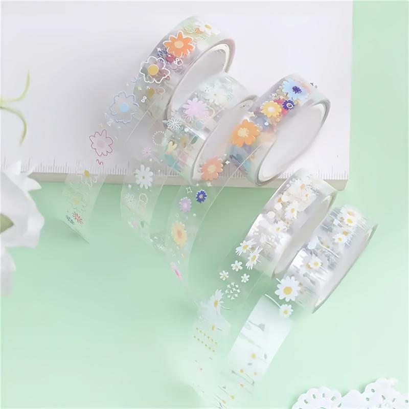1 set/5 Role Bandă Decorativă Transparentă, Autocolant Decorativ Autoadeziv cu Model Flori Margarete, Bandă Transparentă pentru Scrapbooking DIY