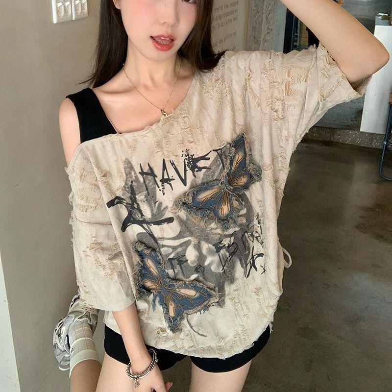 2025 Summer Chic Butterfly Off-Shoulder Women's Distressed Short Sleeve T-Shirt