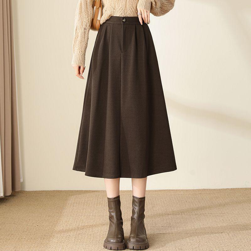 Woolen Pleated Skirt for Women in Autumn and Winter, High-waisted A-line Skirt, Mid-length Drape, Slimming, Large-swing Umbrella Skirt