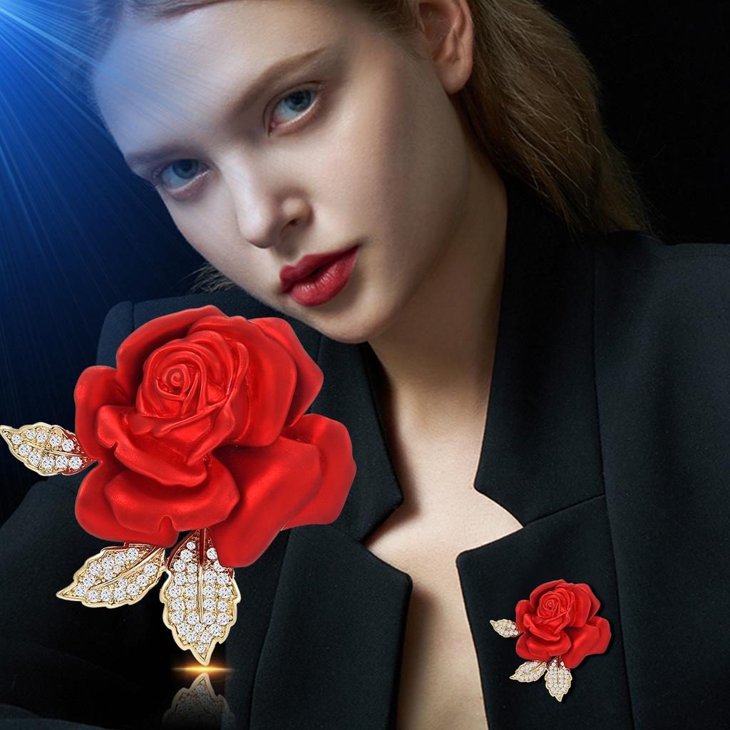 Fashion High-end Red Rose Brooch Pins Exquisite Design Rhinestone Flower Clothing Brooches Suit Accessories Gift for Women Girls