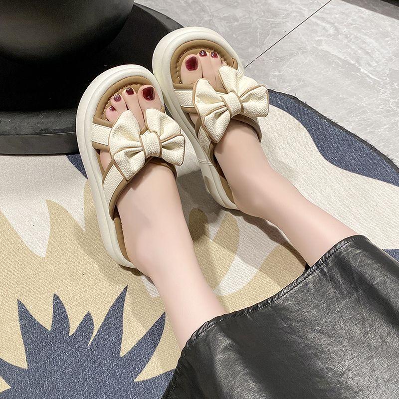 Thick-soled slippers women's summer outer wear 2025 new fashionable versatile bow non-slip high-end sense one-word sandals women