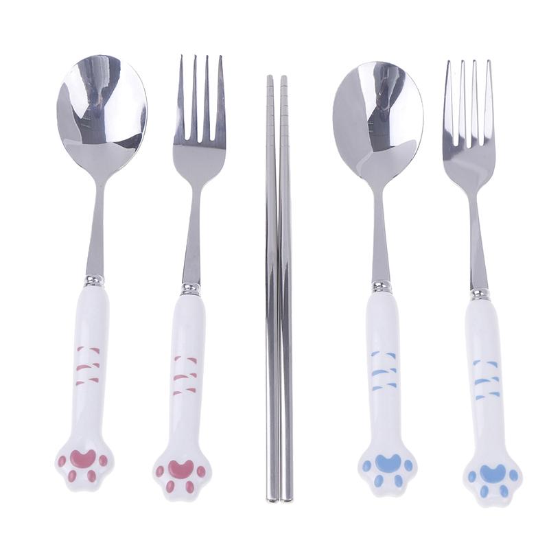 Cartoon Cat Claw Stainless Steel Spoon And Fork Set Spoon Chopstick Cutlery Student Outdoor Camping Portable Kitchen Accessories