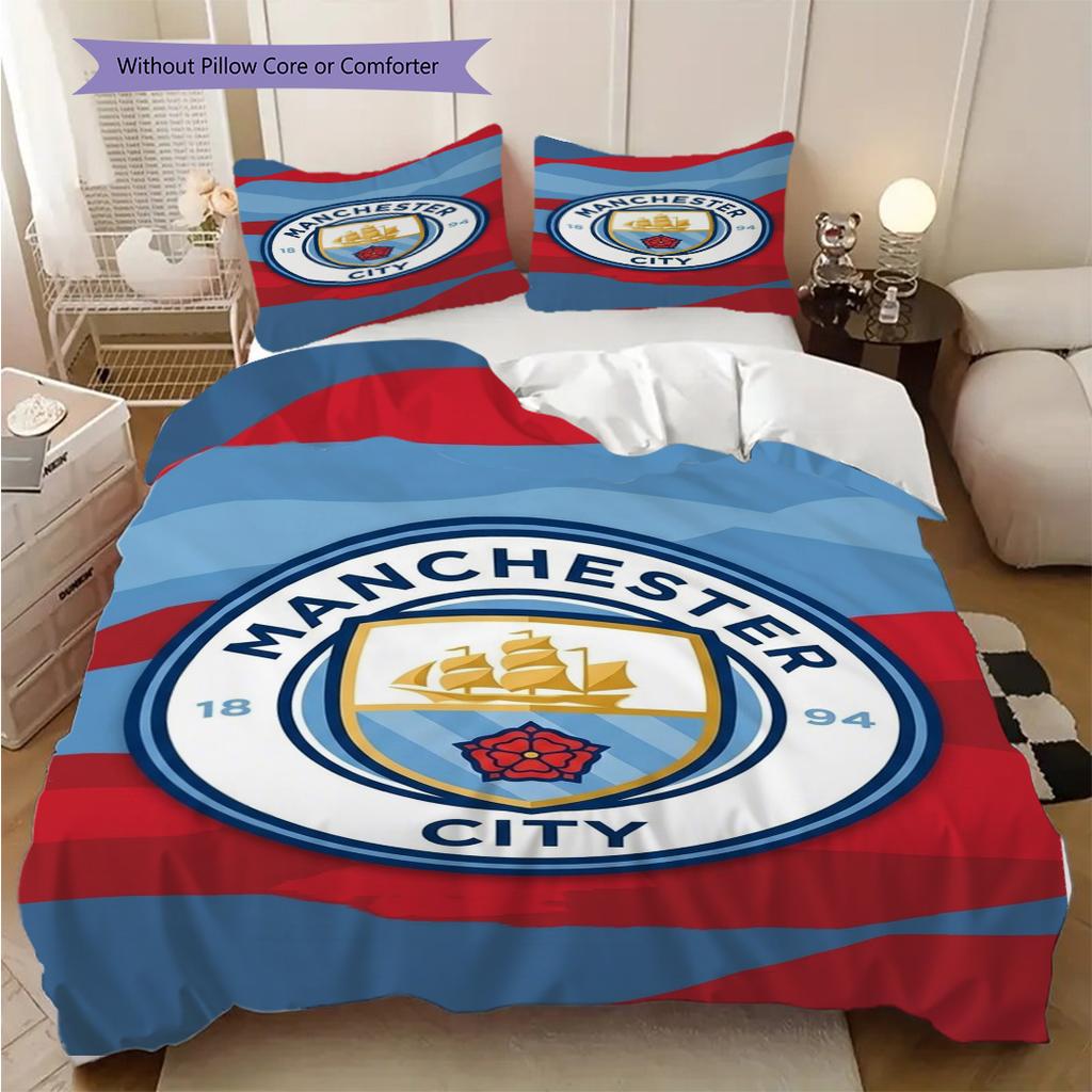 Manchester City Emblem Three-piece Set (1 * Duvet Cover + 2 * Pillowcase, Without Core) 2DFlat Duvet Cover and Pillowcase Christmas Birthday Gift