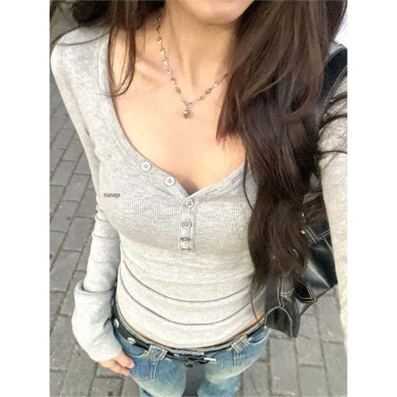 

Элегантная серая облегающая рубашка с V-образным вырезом и длинным рукавом для женщин - Осень/Зима Medium серый