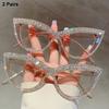 2 Pairs Per Set Cat Eye Glasses with Rhinestones Women Fashion Brand Design Optical Frames Trendy Chic Casual Decor Eyeglasses