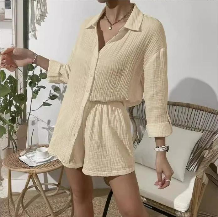 Women's Spring and Summer Fashion Solid Color Long-sleeved Shirt Suit Women's Casual Loose Shorts Two-piece Suit