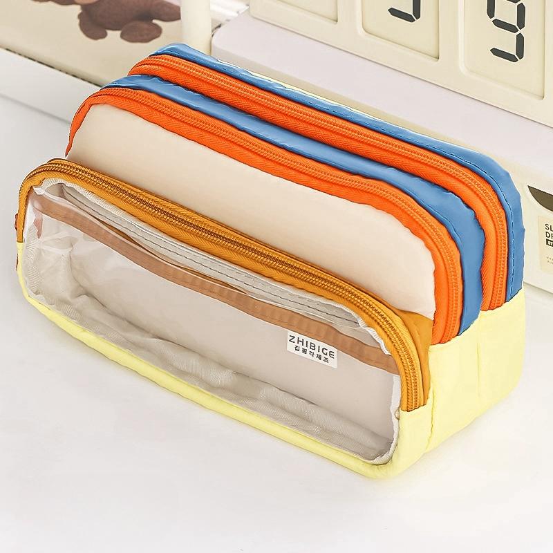 Cream Pencil Bag Pen Case Hitting Color Blocked Staged Type Transparent Front Pocket Storage Pouch for Stationery
