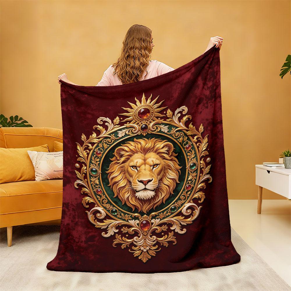 1pc European Retro Diamond Lion Badge 230g Flannel Blanket, Soft Throw Blanket For Sofa Leisure And Office Daily Nap