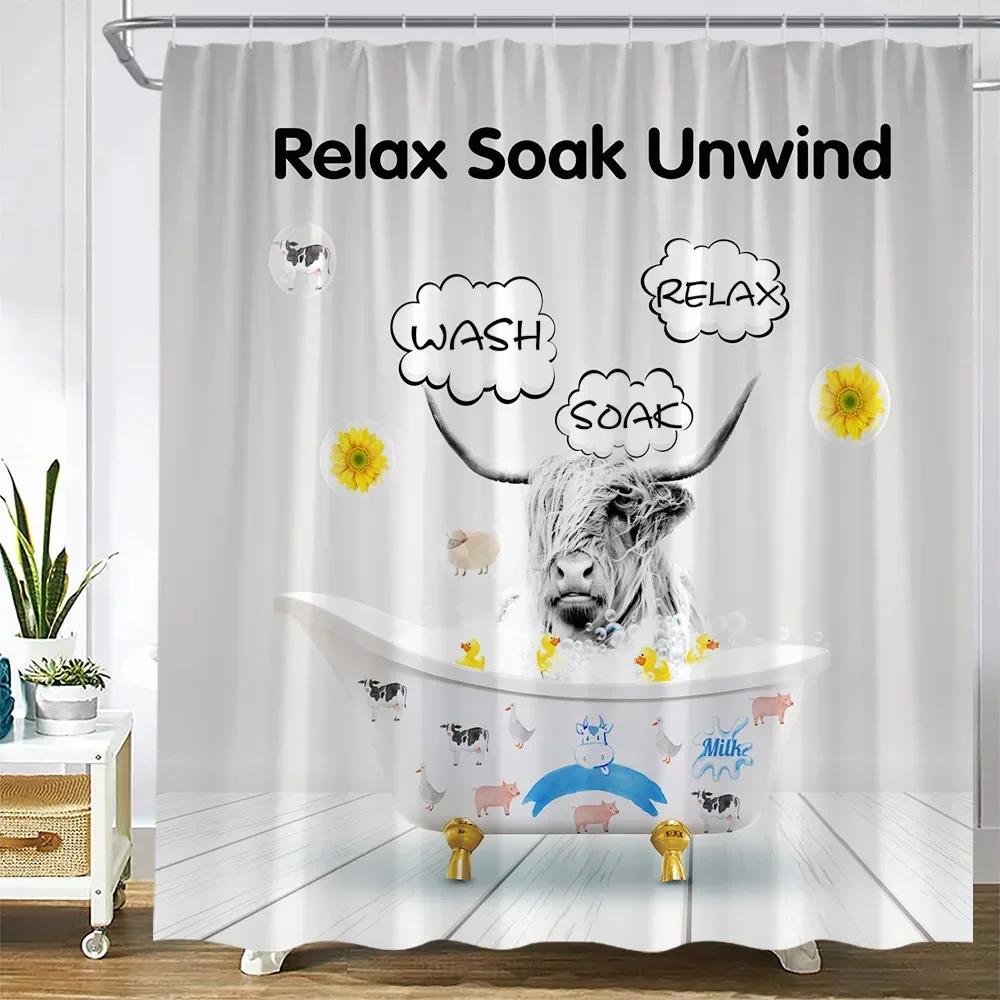 Bathroom Rules Animal Shower Curtains Sea Turtle Octopus Farm Cow Highland Cattle Sunflower Creative Bath Curtain Home Decor Set