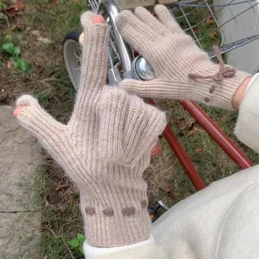 Solid Color Touch Screen Gloves Knitted Texture Thermal Riding Gloves Winter Season