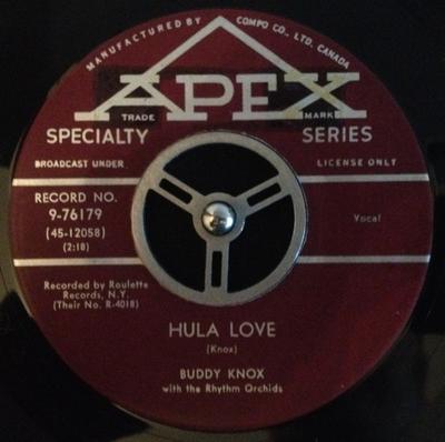 7inch Record BUDDY KNOX, THE RHYTHM ORCHIDS - Hula Love / Devil Woman 976179 Apex 1957 Canada Rock Used