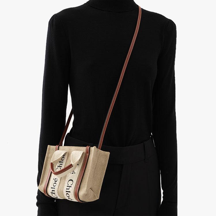 Chloe Woody Logo Print Linen Canvas And Calfskin Tote Bag Women Tote Bags Beige Brown CHC22AP237I2690U