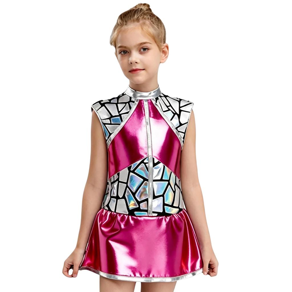 Girls Shiny Metallic Alien Dress Sleeveless Back Zip Sequins Costume Outer Space Anime Halloween Party Costume