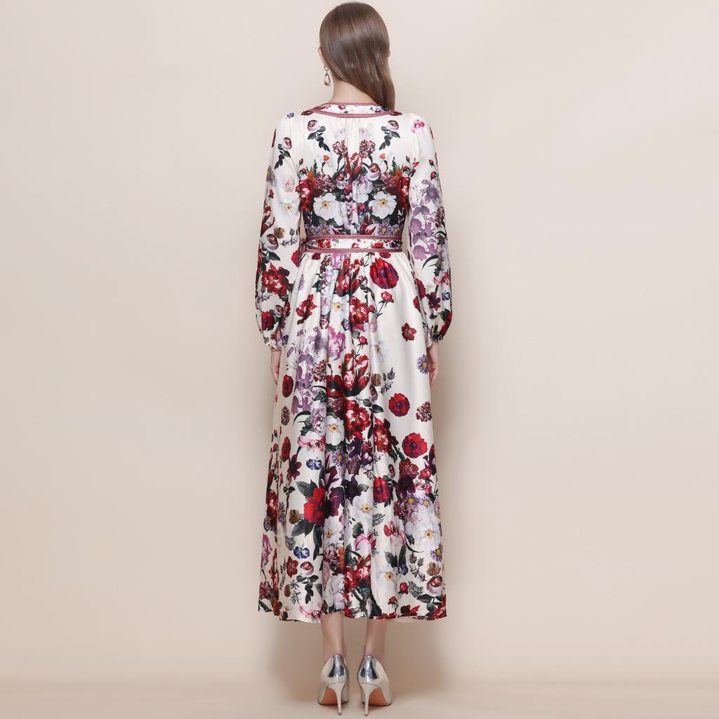 Spring Vintage Floral Maxi Dresses for Women Runway Cross V-Neck Long Lantern Sleeve Sashes Beach Holiday Dress Boho Robe