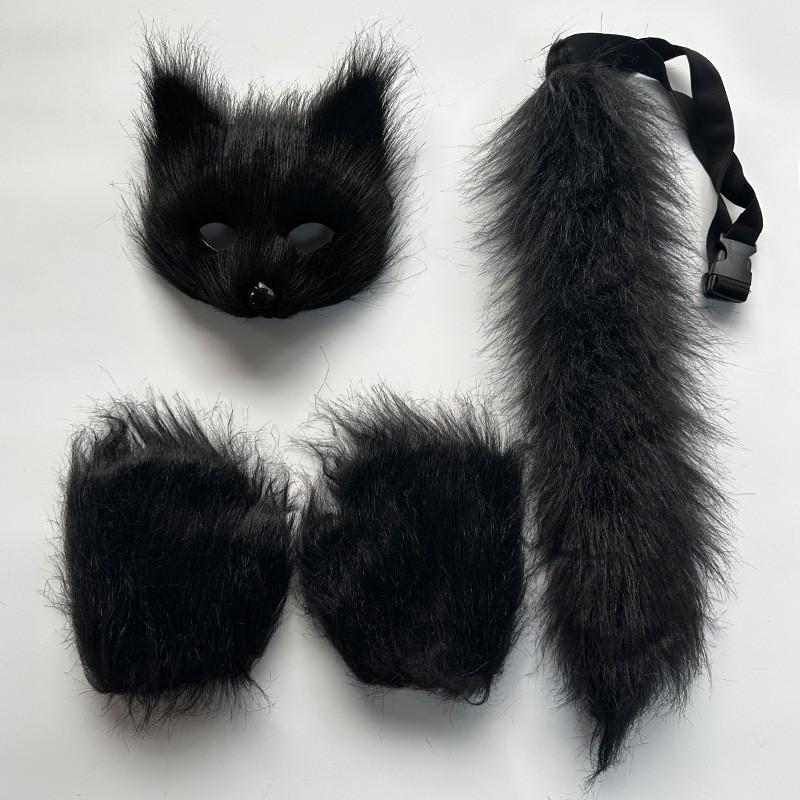 Halloween Costume Set Fox Mask Gloves Plush Tail Handmade Animal Cosplay Accessory Party