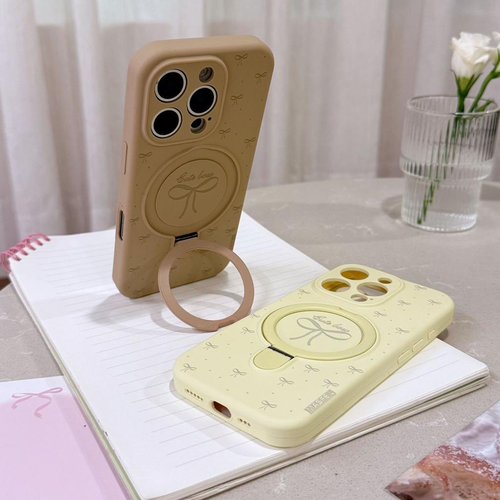 MagSafe Bowknot Silicone Phone Case with Ring Holder, Cute Macaron Color Kickstand Cover for iPhone