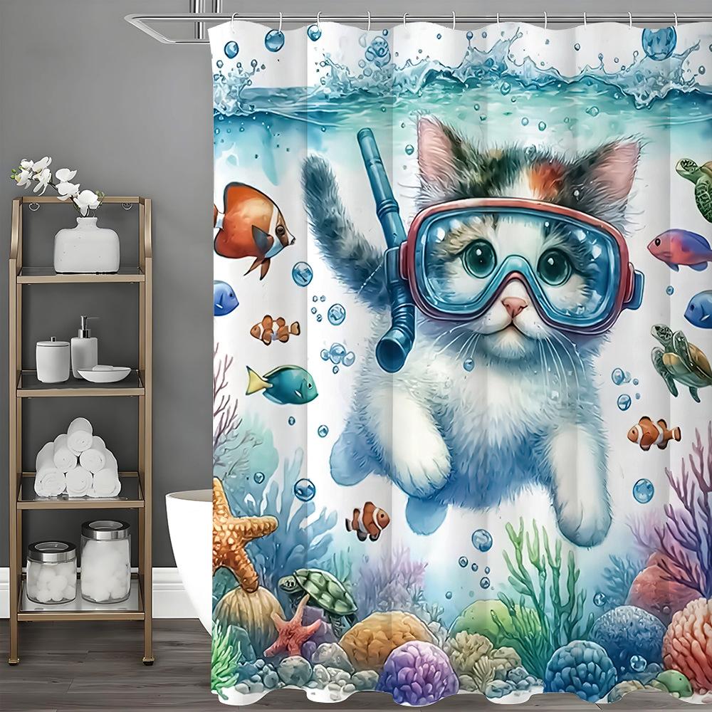 

Кот, ныряющий в подводный мир, Шторка для душа, моющаяся, грязеотталкивающая, для душевой головки, водонепроницаемая, полиэстер, шторка для ванной 90x180CM