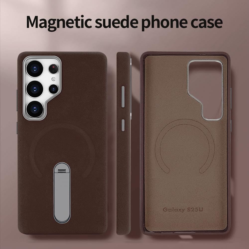 Suede Magnetic Wireless Charging Protective Phone Case with Metal Stand for Galaxy S24 Ultra/ S25 Ultra, Metal Camera Protection