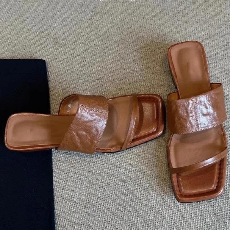 Fashion Fashion Open Toe Flip Flops Women's Vintage Outside Square Toe Open Toe Non-slip Block Heel Kitten Slippers