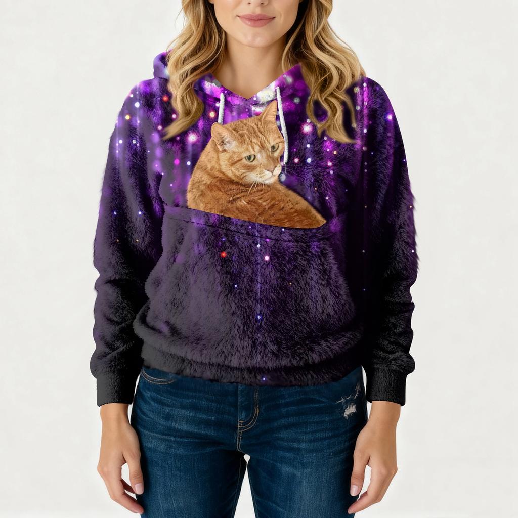 Women's Fashionable Casual Fleece Lined Long Sleeve Pocket Hooded Printed Sweatshirt