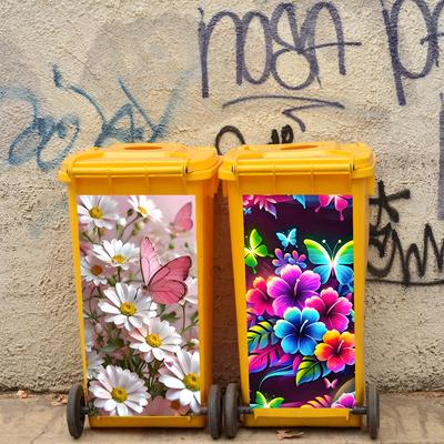 1Pcs Beautiful Flower Plant Landscape Trash Can Sticker - Waterproof Outdoor Wheelie Bin Decal - Vibrant Nature Scene Self-Adhesive Cover for Yard