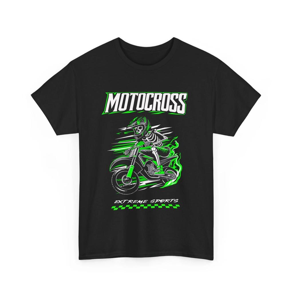 Skeleton Motocross T Shirt Extreme Sports Black Green Dirt Bike Racing Graphic