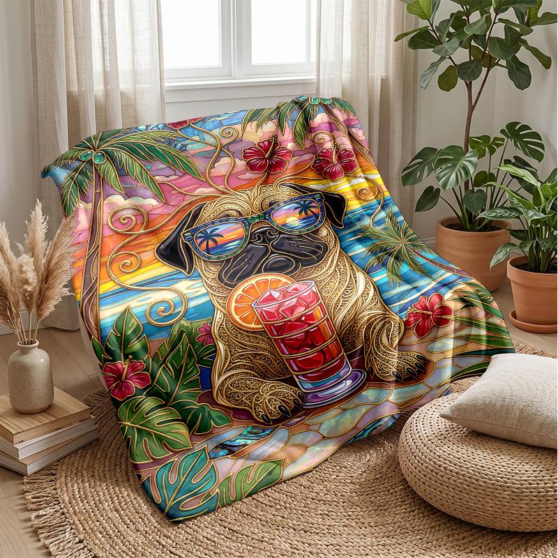 Pug Party In Paradise Theme Blanket Lightweight Warm Flannel Blanket Decorative Throw Blanket for Home Decoration