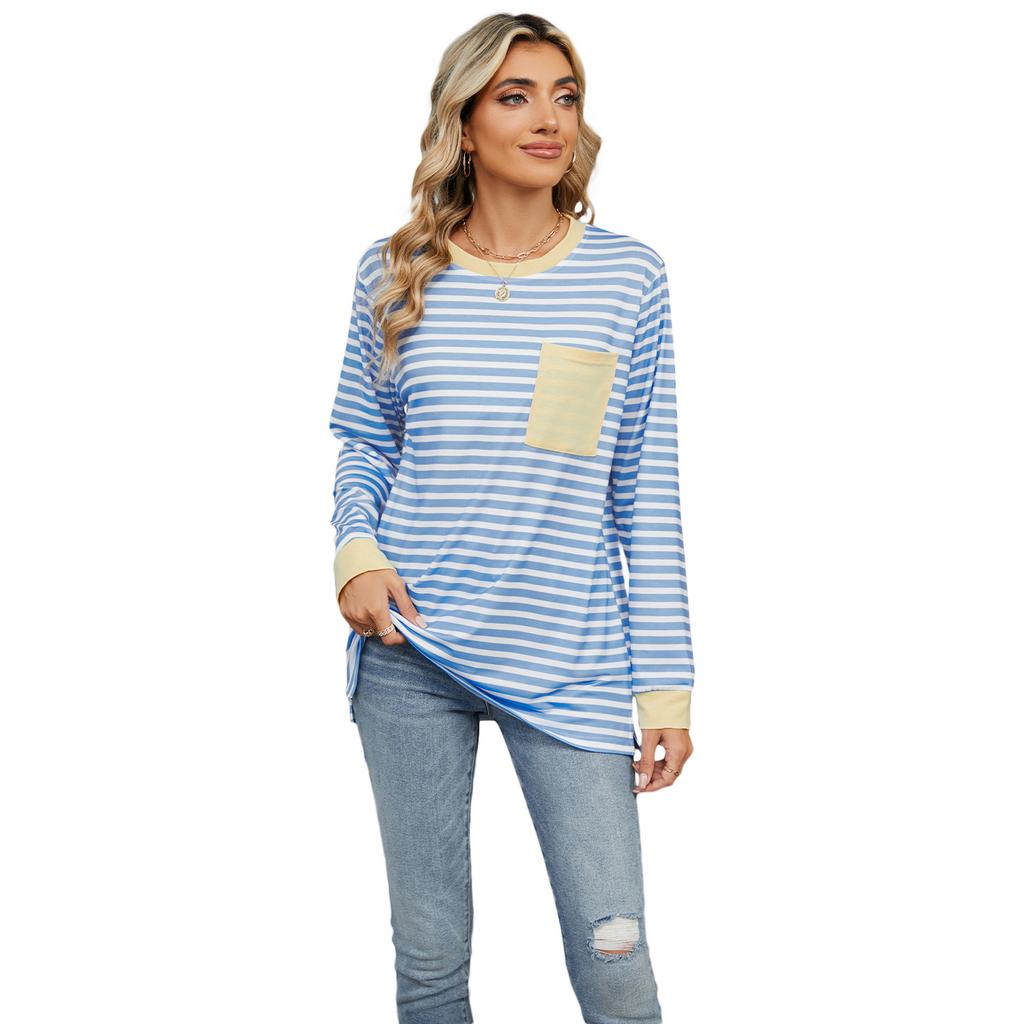 Spring Autumn Long Sleeve O Neck Striped Single Pocket Women Pullover T Shirt Blouse Top
