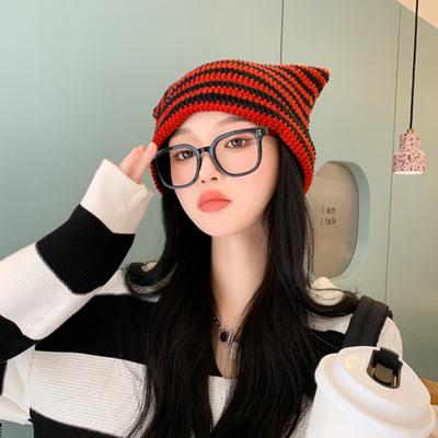 Autumn Winter Outdoor Warm Knitting Caps Cute Striped Cat Ear Hat No Brim