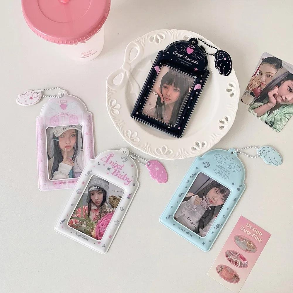 Cute PVC Photocard Holder Keychain Cartoon Angel Wings Photo Frame Hanging Decoration ID Badge Holder for Student Girls