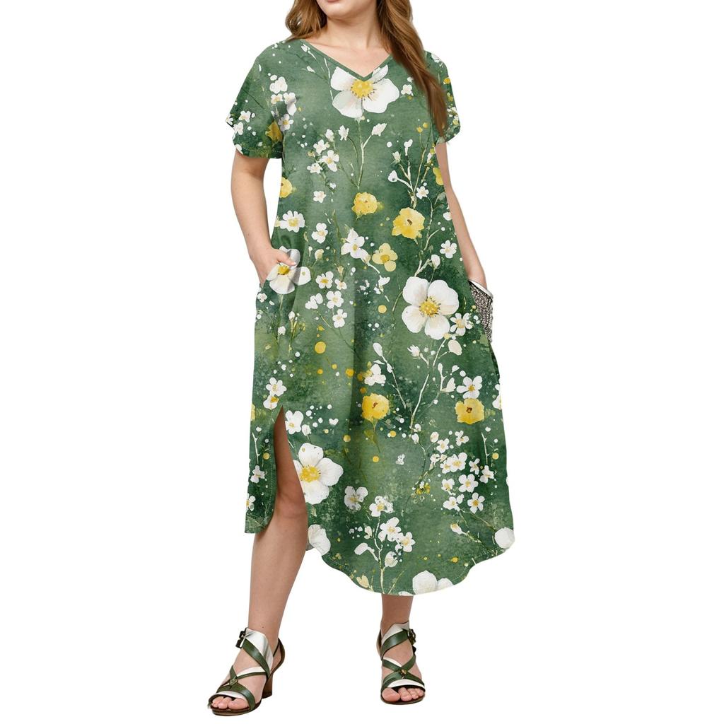 Women Floral Maxi Dress Summer Casual Short Sleeve Dress Sundress V-Neck Long Dresses With Pockets Beach Vacation
