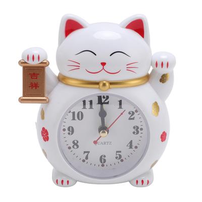 Lucky Cat Clock Accurate Plastic Cute Cartoon Good Lucky Cat Alarm Clock for Home White YF2025B